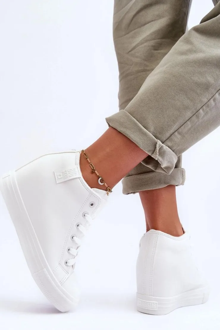 Big Star Shoes Trampki Damskie Big Star|Trampki Damskie Wysokie*Trampki Skórzane Damskie Na Koturnie Big Star MM274002 Białe