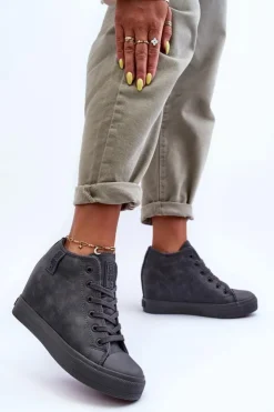 Big Star Shoes Trampki Skórzane Damskie Na Koturnie Big Star MM274005 Szare Szary