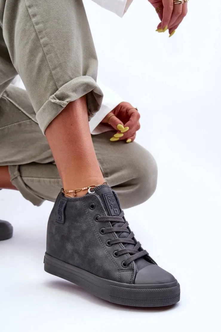 Big Star Shoes Trampki Skórzane Damskie Na Koturnie Big Star MM274005 Szare Szary