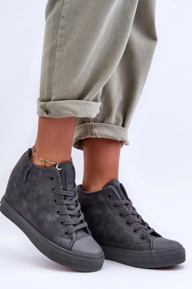 Big Star Shoes Trampki Skórzane Damskie Na Koturnie Big Star MM274005 Szare Szary