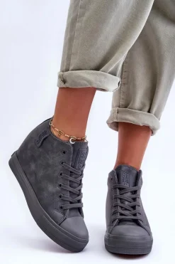 Big Star Shoes Trampki Skórzane Damskie Na Koturnie Big Star MM274005 Szare Szary