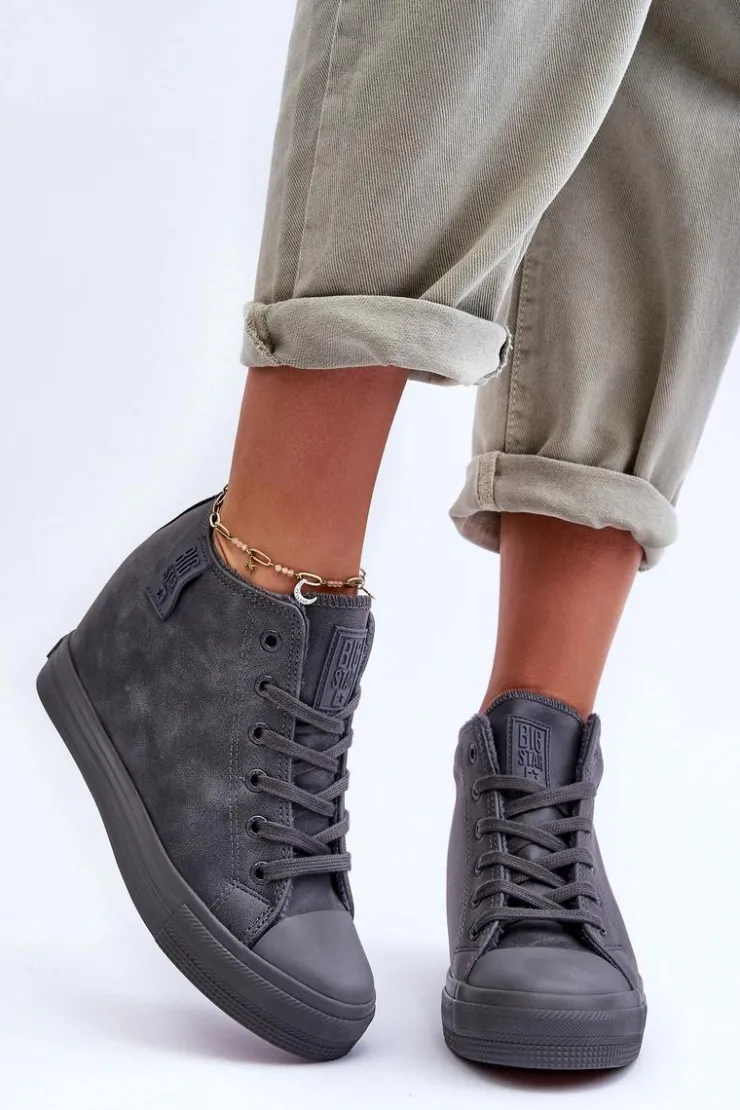 Big Star Shoes Trampki Skórzane Damskie Na Koturnie Big Star MM274005 Szare Szary