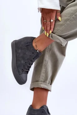 Big Star Shoes Trampki Skórzane Damskie Na Koturnie Big Star MM274005 Szare Szary