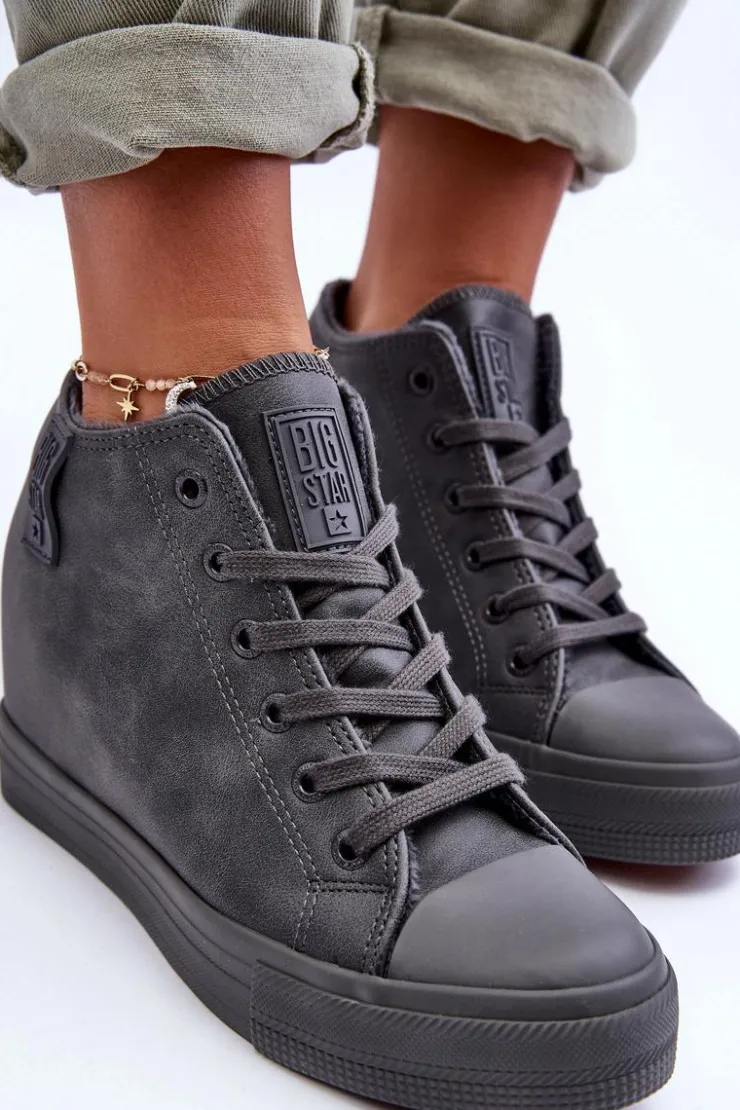 Big Star Shoes Trampki Skórzane Damskie Na Koturnie Big Star MM274005 Szare Szary