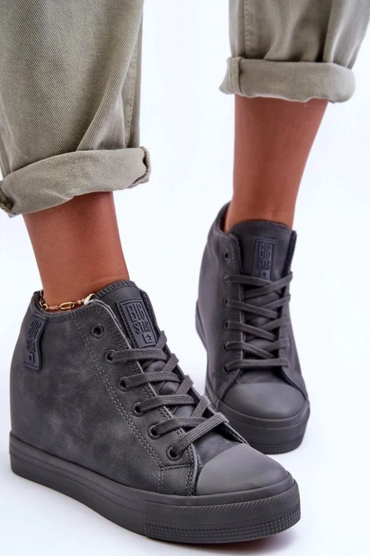 Big Star Shoes Trampki Skórzane Damskie Na Koturnie Big Star MM274005 Szare Szary