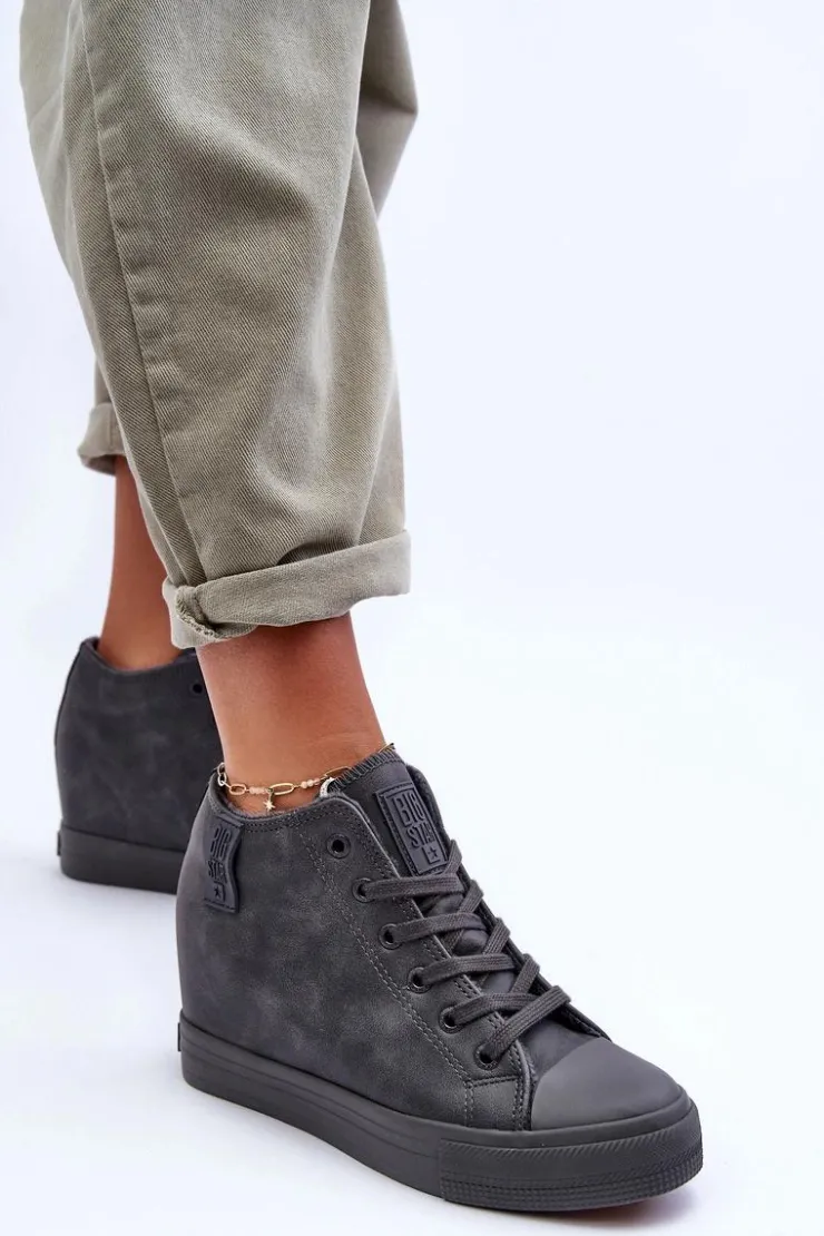 Big Star Shoes Trampki Skórzane Damskie Na Koturnie Big Star MM274005 Szare Szary