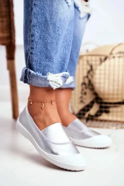 Damskie Boto Trampki Slip On Wsuwane Tenisówki Srebrne Justy