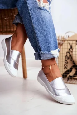 Damskie Boto Trampki Slip On Wsuwane Tenisówki Srebrne Justy