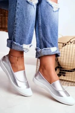 Damskie Boto Trampki Slip On Wsuwane Tenisówki Srebrne Justy