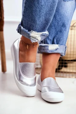 Damskie Boto Trampki Slip On Wsuwane Tenisówki Srebrne Justy