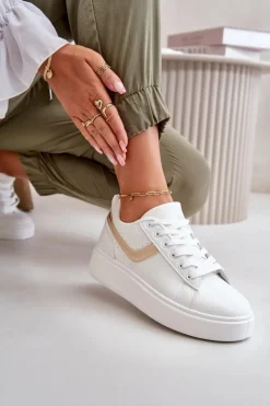 Boto Trampki Damskie Niskie|Sneakersy Damskie*Trampki Sneakersy Damskie Na Platformie Z Eko Skóry Biało-Złote Brennessa