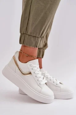 Boto Trampki Damskie Niskie|Sneakersy Damskie*Trampki Sneakersy Damskie Na Platformie Z Eko Skóry Biało-Złote Brennessa