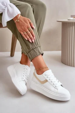 Boto Trampki Damskie Niskie|Sneakersy Damskie*Trampki Sneakersy Damskie Na Platformie Z Eko Skóry Biało-Złote Brennessa