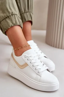 Boto Trampki Damskie Niskie|Sneakersy Damskie*Trampki Sneakersy Damskie Na Platformie Z Eko Skóry Biało-Złote Brennessa