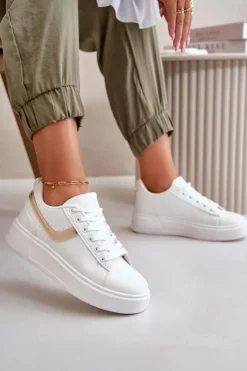 Boto Trampki Damskie Niskie|Sneakersy Damskie*Trampki Sneakersy Damskie Na Platformie Z Eko Skóry Biało-Złote Brennessa