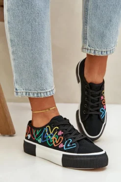 Damskie Boto Trampki Tenisówki Damskie W Serca Czarne Fonirea