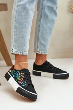 Damskie Boto Trampki Tenisówki Damskie W Serca Czarne Fonirea