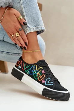 Damskie Boto Trampki Tenisówki Damskie W Serca Czarne Fonirea