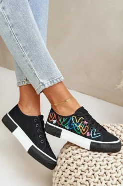 Damskie Boto Trampki Tenisówki Damskie W Serca Czarne Fonirea