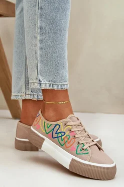 Boto Trampki Damskie Niskie*Trampki Tenisówki Damskie W Serca Ciemnobeżowe Fonirea