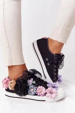 Boto Trampki Damskie Niskie*Trampki Z Kwiatam Lu Boo Czarne