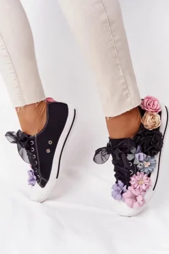 Boto Trampki Damskie Niskie*Trampki Z Kwiatam Lu Boo Czarne