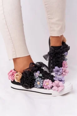 Boto Trampki Damskie Niskie*Trampki Z Kwiatam Lu Boo Czarne