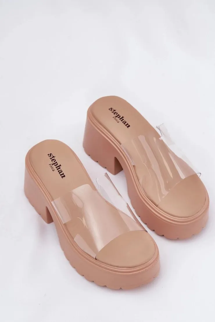 Boto Klapki Na Obcasie|Klapki Na Platformie*Transparentne Klapki Damskie Na Platformie I Masywnym Obcasie Beżowe Rizana Beżowy