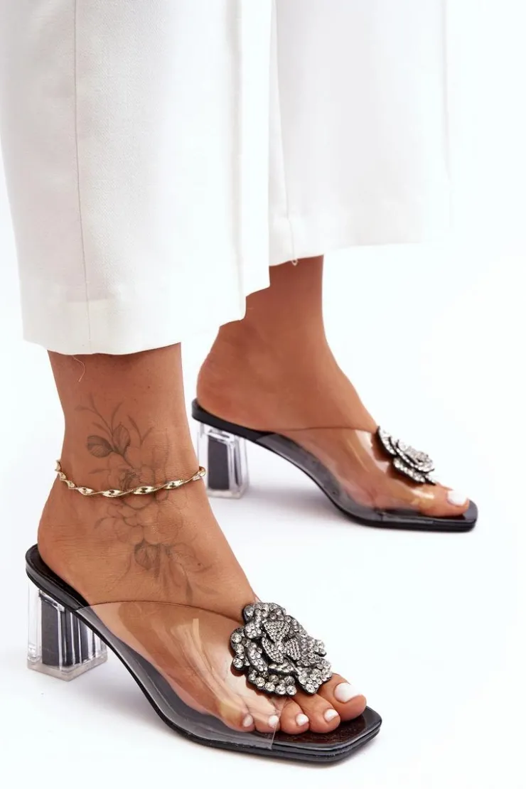 Best Damskie buty S.Barski Transparentne Klapki Na Słupku Z Ozdobą Czarne S.Barski MR1037-20