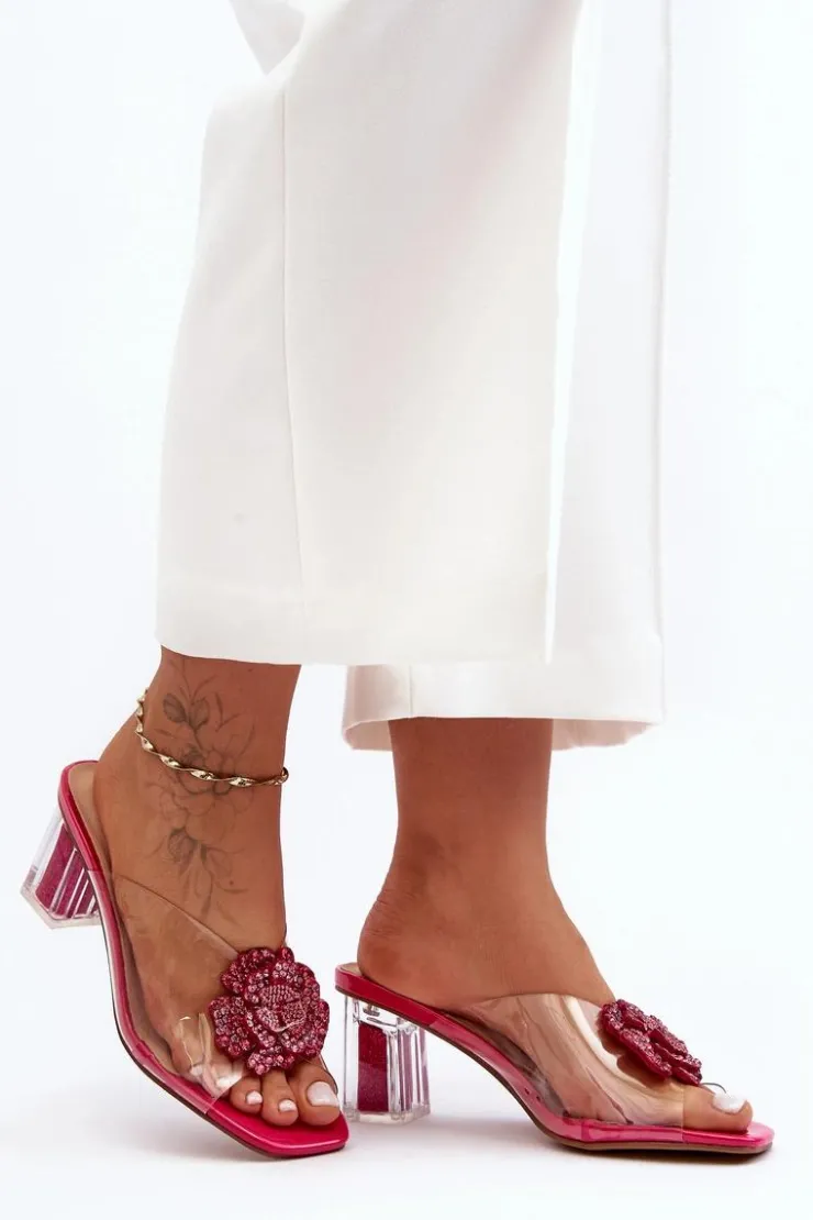 Online Damskie buty S.Barski Transparentne Klapki Na Słupku Z Ozdobą Fuksja S.Barski MR1037-20 Różowy