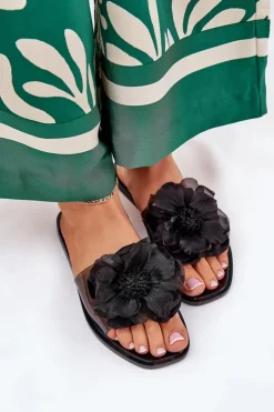 Clearance Boto Transparentne Płaskie Klapki Damskie Ze Sztucznym Kwiatem Czarne Vobetta Czarny