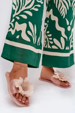 Outlet Boto Transparentne Płaskie Klapki Damskie Ze Sztucznym Kwiatem Nude Vobetta Beżowy