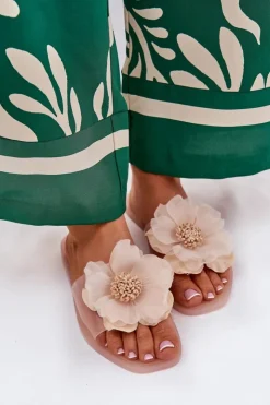 Outlet Boto Transparentne Płaskie Klapki Damskie Ze Sztucznym Kwiatem Nude Vobetta Beżowy