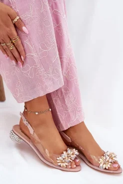 Damskie buty S.Barski Transparentne Sandały Na Niskim Obcasie Ze Zdobieniem D&A MR51-709 Różowe Różowy