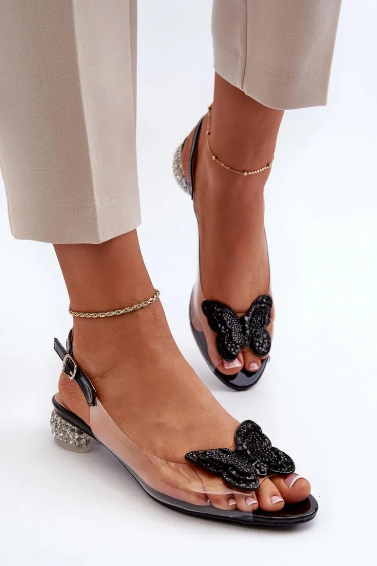 Damskie Damskie buty S.Barski Transparentne Sandały Na Niskim Obcasie Z Motylem Czarne D&A MR38-388
