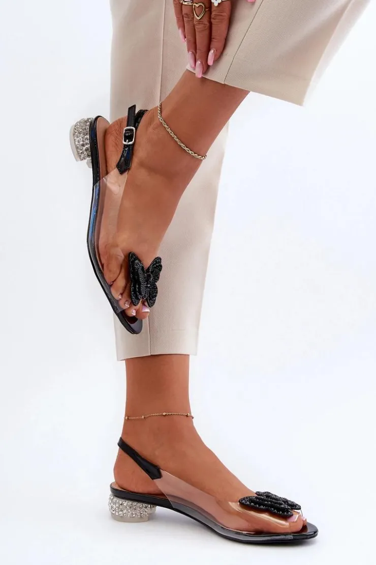 Damskie Damskie buty S.Barski Transparentne Sandały Na Niskim Obcasie Z Motylem Czarne D&A MR38-388