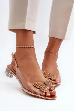 Damskie Damskie buty S.Barski Transparentne Sandały Na Niskim Obcasie Z Motylem Złote D&A MR38-388