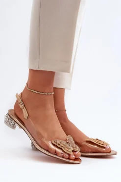 Damskie Damskie buty S.Barski Transparentne Sandały Na Niskim Obcasie Z Motylem Złote D&A MR38-388