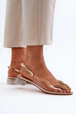 Damskie Damskie buty S.Barski Transparentne Sandały Na Niskim Obcasie Z Motylem Złote D&A MR38-388