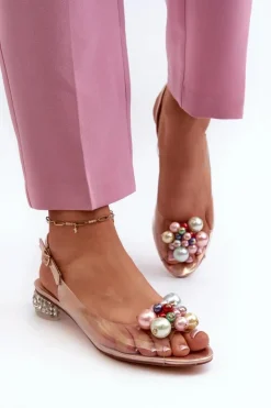 Damskie buty S.Barski Sandały Na Obcasie*Transparentne Sandały Na Niskim Obcasie Z Ozdobą Różowe Złoto D&A MR38-368