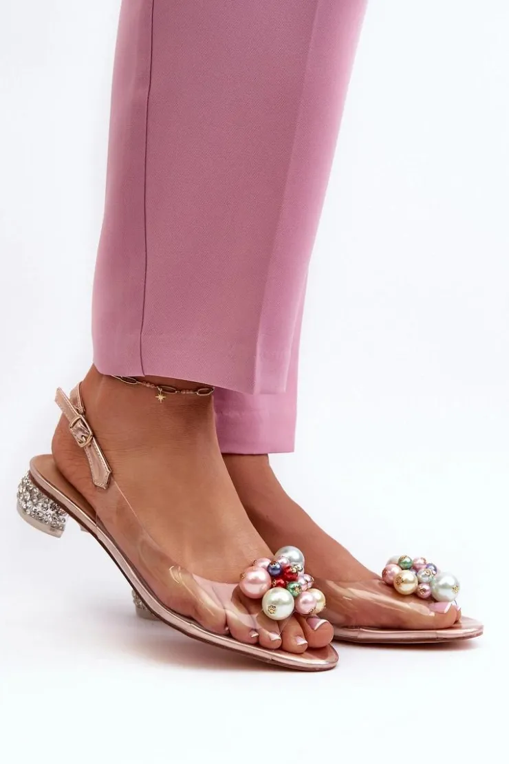 Damskie buty S.Barski Sandały Na Obcasie*Transparentne Sandały Na Niskim Obcasie Z Ozdobą Różowe Złoto D&A MR38-368