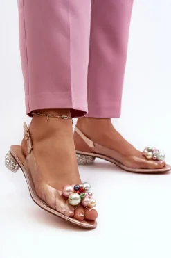 Damskie buty S.Barski Sandały Na Obcasie*Transparentne Sandały Na Niskim Obcasie Z Ozdobą Różowe Złoto D&A MR38-368