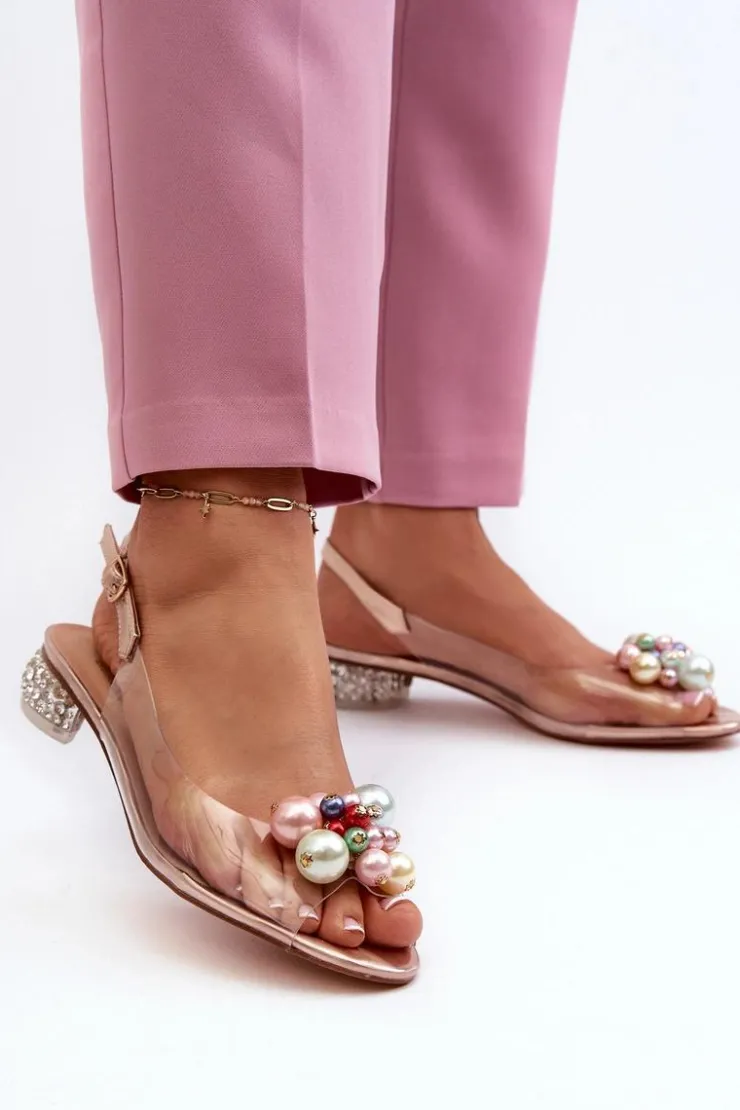 Damskie buty S.Barski Sandały Na Obcasie*Transparentne Sandały Na Niskim Obcasie Z Ozdobą Różowe Złoto D&A MR38-368