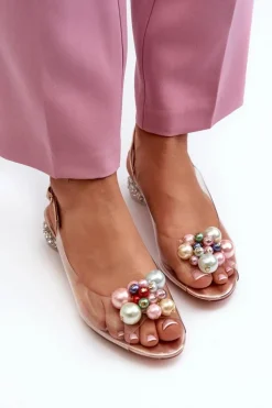 Damskie buty S.Barski Sandały Na Obcasie*Transparentne Sandały Na Niskim Obcasie Z Ozdobą Różowe Złoto D&A MR38-368