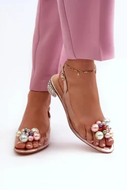 Damskie buty S.Barski Sandały Na Obcasie*Transparentne Sandały Na Niskim Obcasie Z Ozdobą Różowe Złoto D&A MR38-368