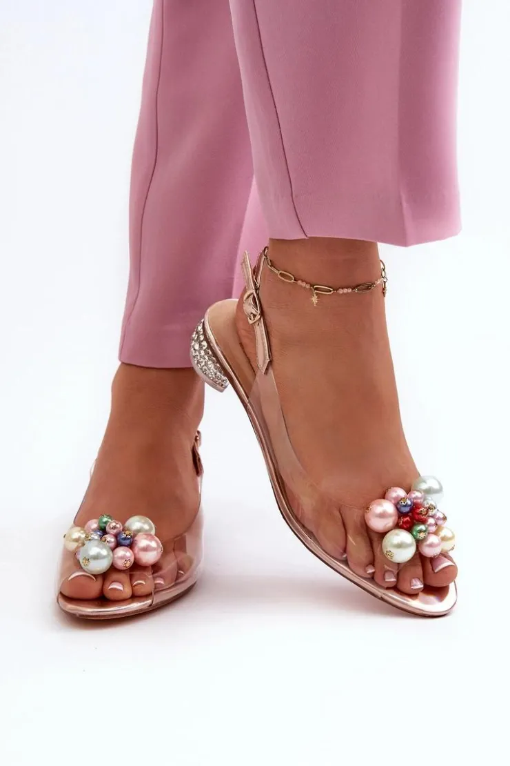 Damskie buty S.Barski Sandały Na Obcasie*Transparentne Sandały Na Niskim Obcasie Z Ozdobą Różowe Złoto D&A MR38-368