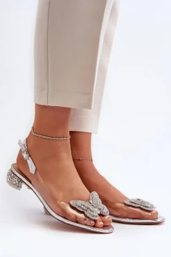 Damskie Damskie buty S.Barski Transparentne Sandały Na Niskim Obcasie Z Motylem Różowe Srebrne D&A MR38-388