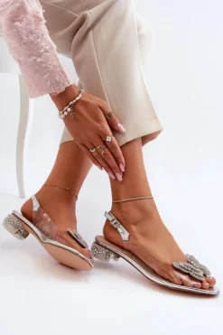 Damskie Damskie buty S.Barski Transparentne Sandały Na Niskim Obcasie Z Motylem Różowe Srebrne D&A MR38-388