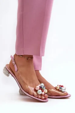 Damskie buty S.Barski Sandały Na Obcasie*Transparentne Sandały Na Niskim Obcasie Z Ozdobą Różowe D&A MR38-368