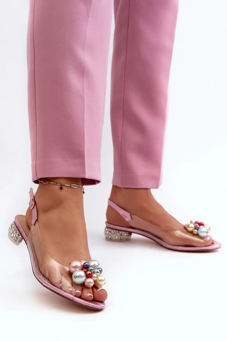 Damskie buty S.Barski Sandały Na Obcasie*Transparentne Sandały Na Niskim Obcasie Z Ozdobą Różowe D&A MR38-368